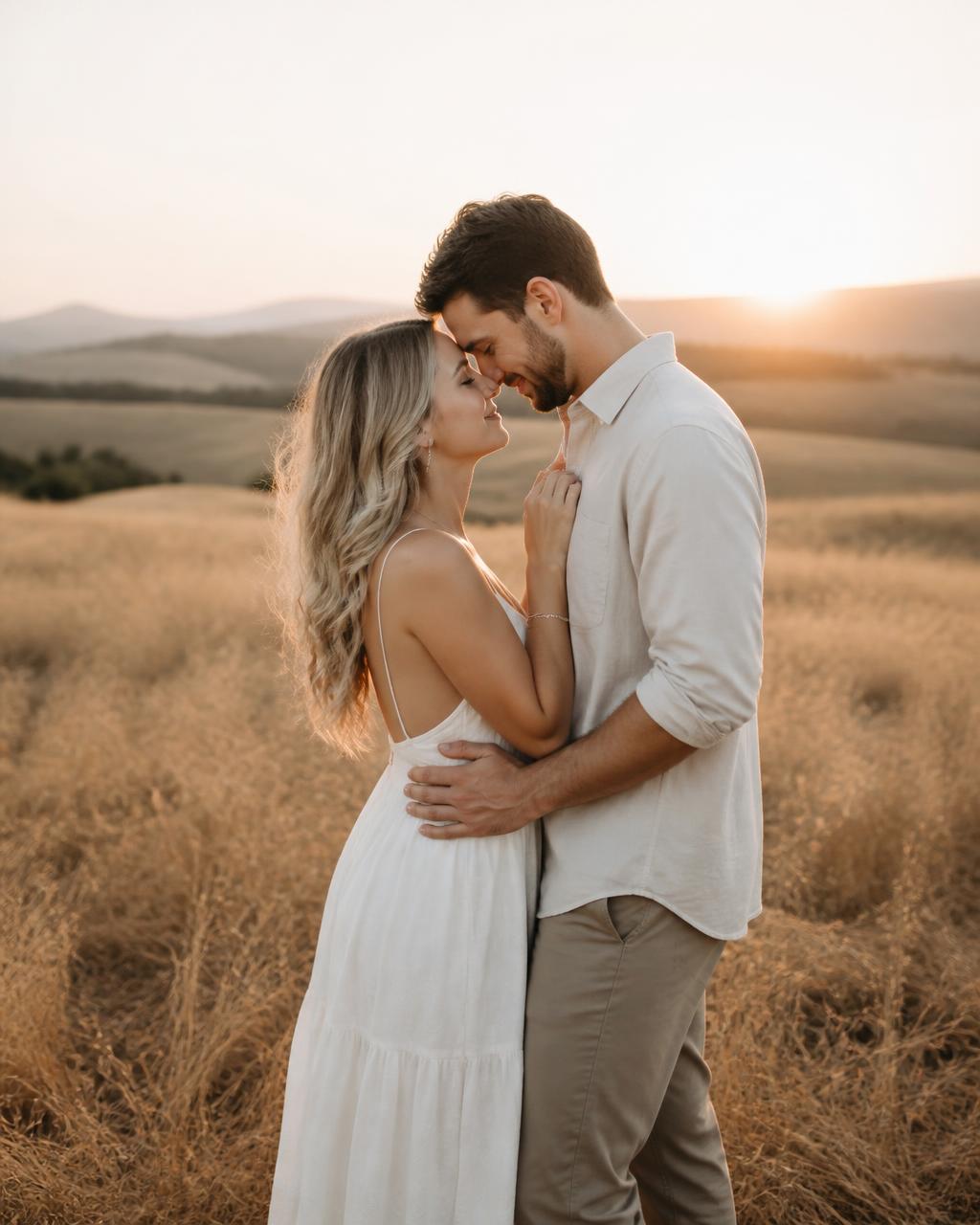 Jordan and Reese embracing in a golden field at sunset