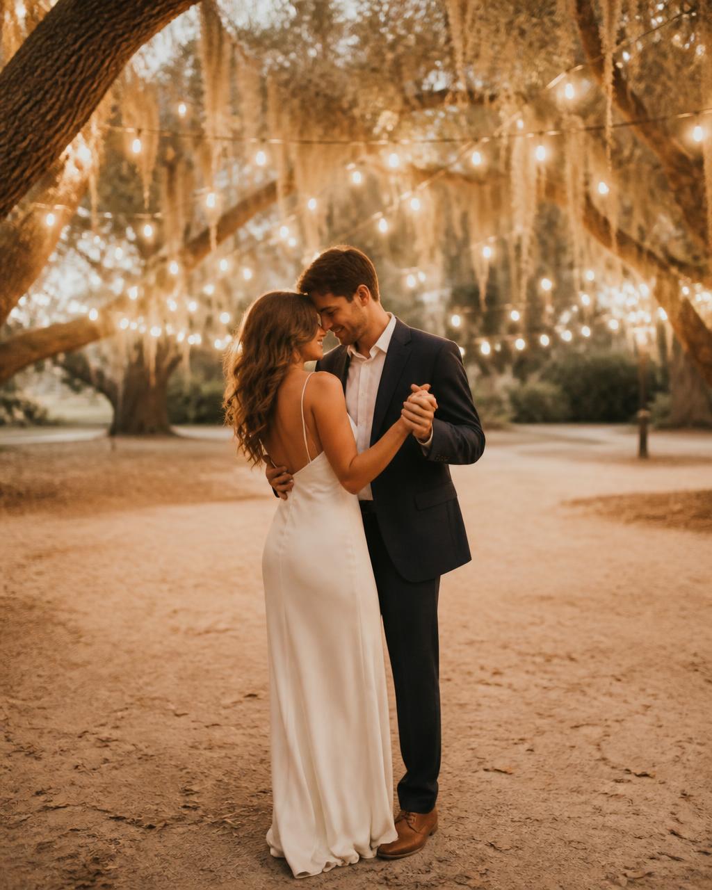 Couple slow dancing under oak trees and string lights at dusk