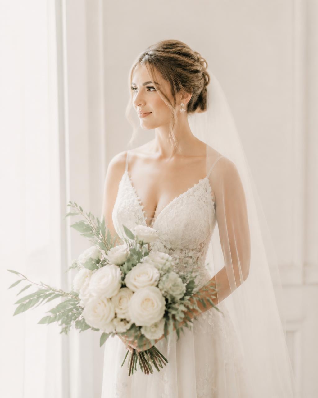 Bridal portrait with a bouquet of white roses in soft window light