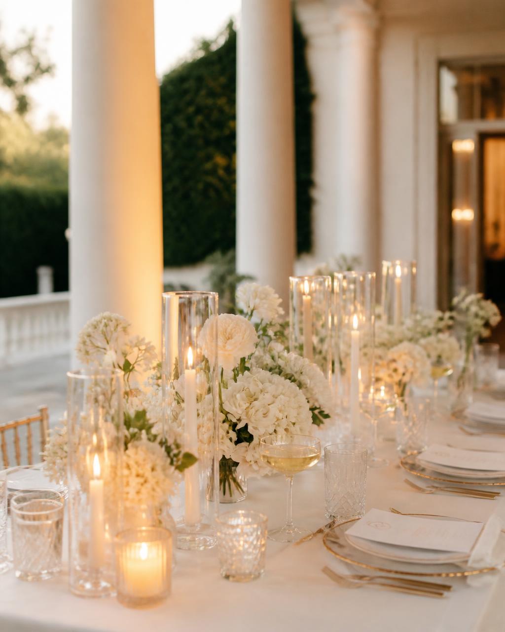 Candlelit reception table with white florals and champagne