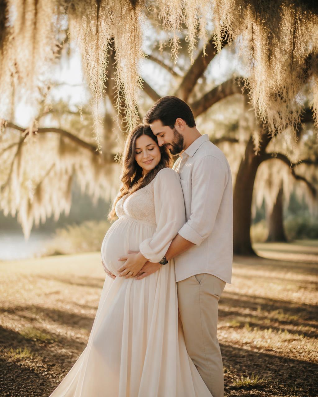 Expecting couple embracing beneath moss-draped oaks at golden hour